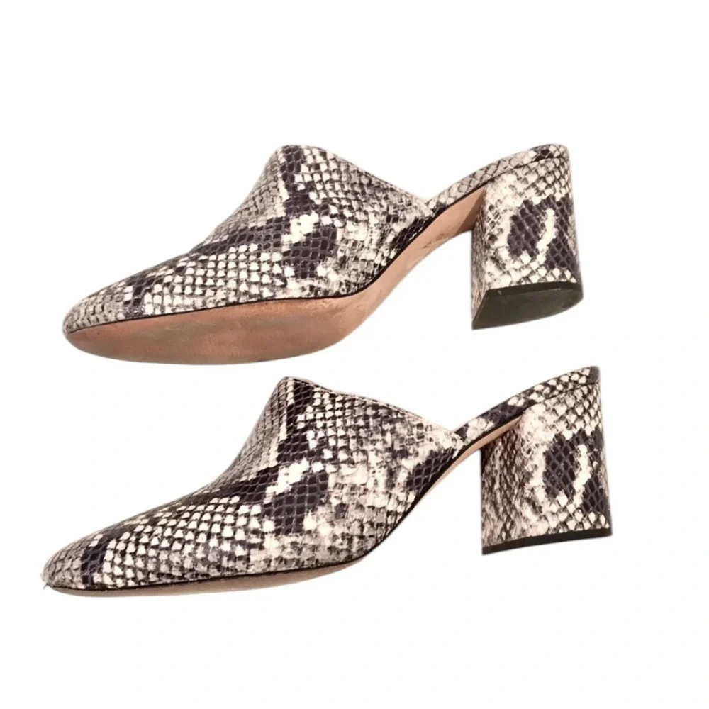 J. Crew Leather Snakeskin Block Heel Almond Toe Mules Shoes Sz. 8.5 Excellent